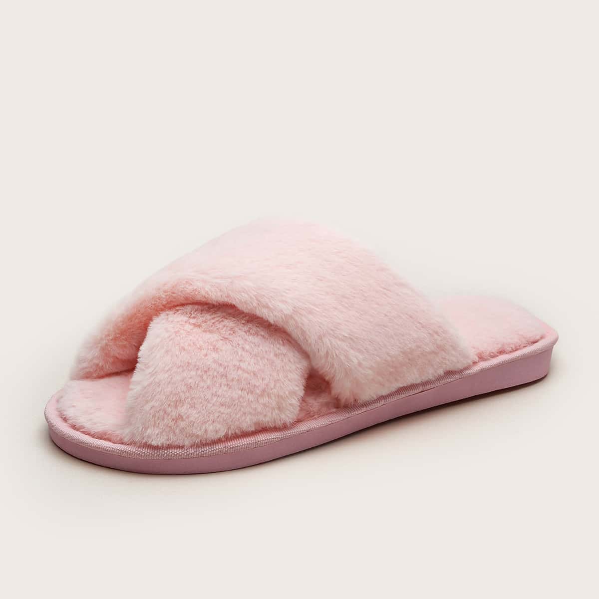 

Solid Cross Strap Fluffy Slippers, Baby pink