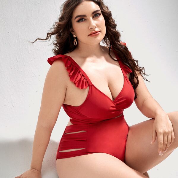 

Plus Ruffle Trim Cut-out Bikini Swimsuit, Red