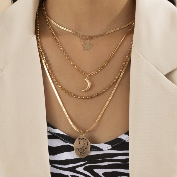 

4pcs Star & Moon Charm Necklace, Gold