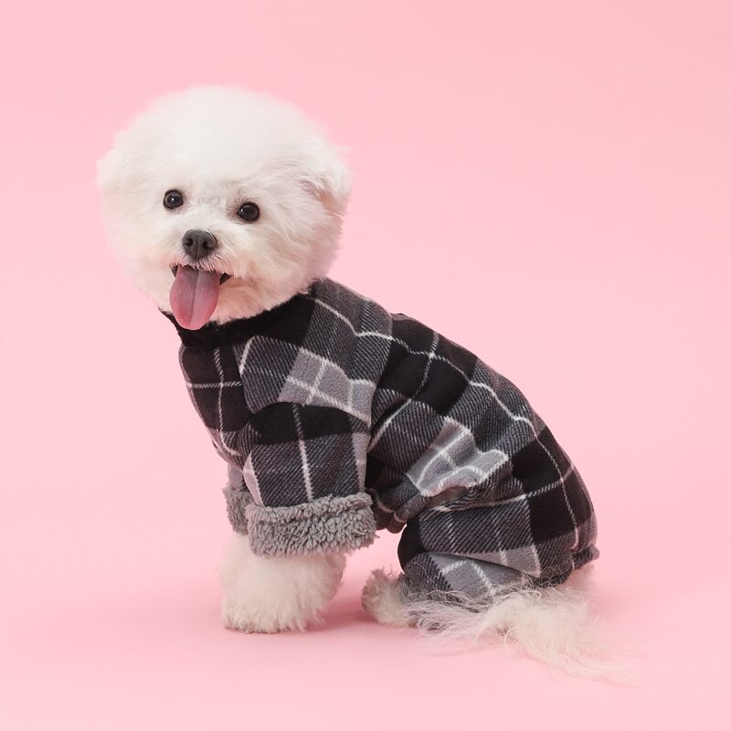 

Contrast Faux Fur Decor Plaid Dog Jumpsuit, Grey