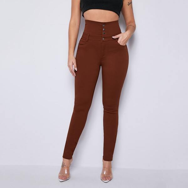 

High Waist Button Front Skinny Jeans, Rust brown