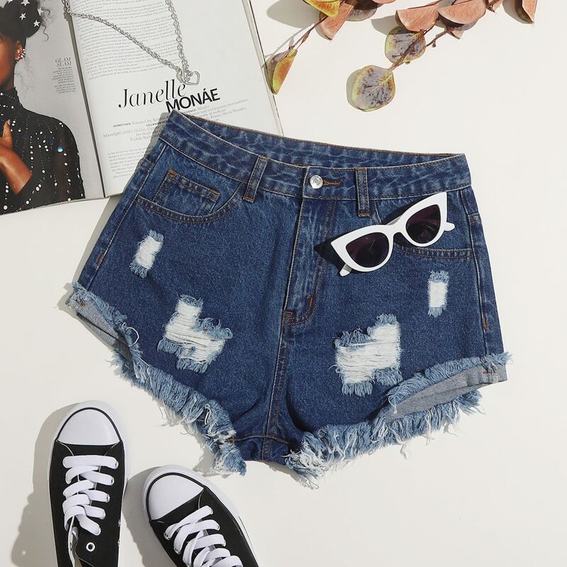 

Bleached Wash Raw Hem Ripped Denim Shorts, Dark wash