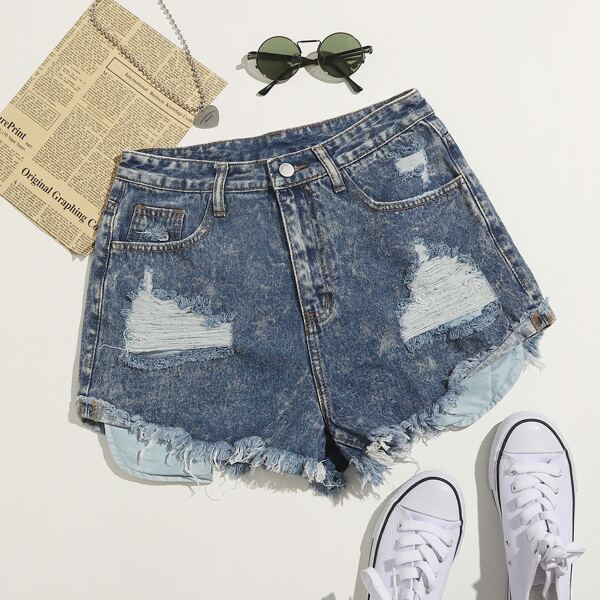 

Ripped Raw Hem Denim Shorts, Dark wash