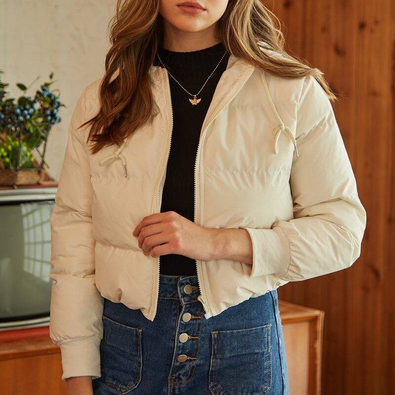

Solid Crop Hooded Puffer Jacket, White