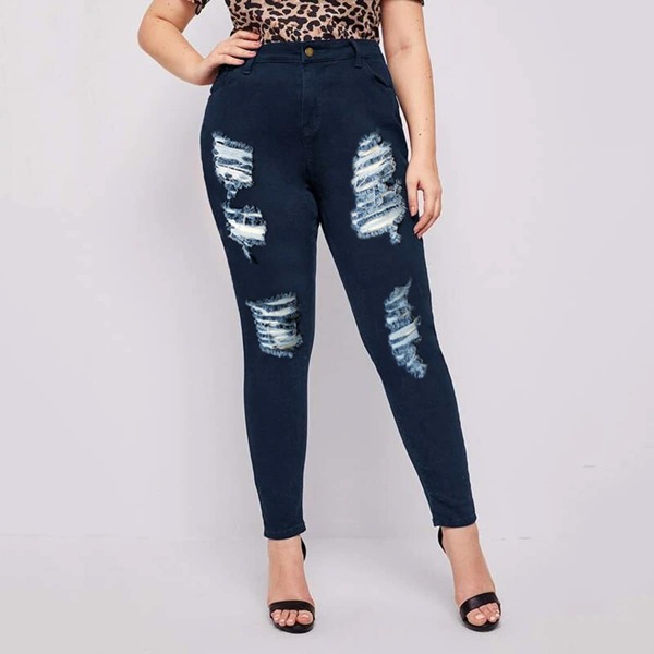 

Plus Curvy High Waist Ripped Skinny Jeans, Dark wash