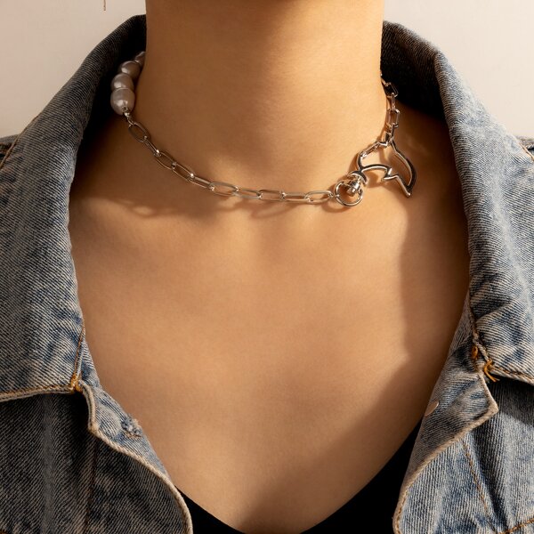 

Faux Pearl Decor Necklace, Silver