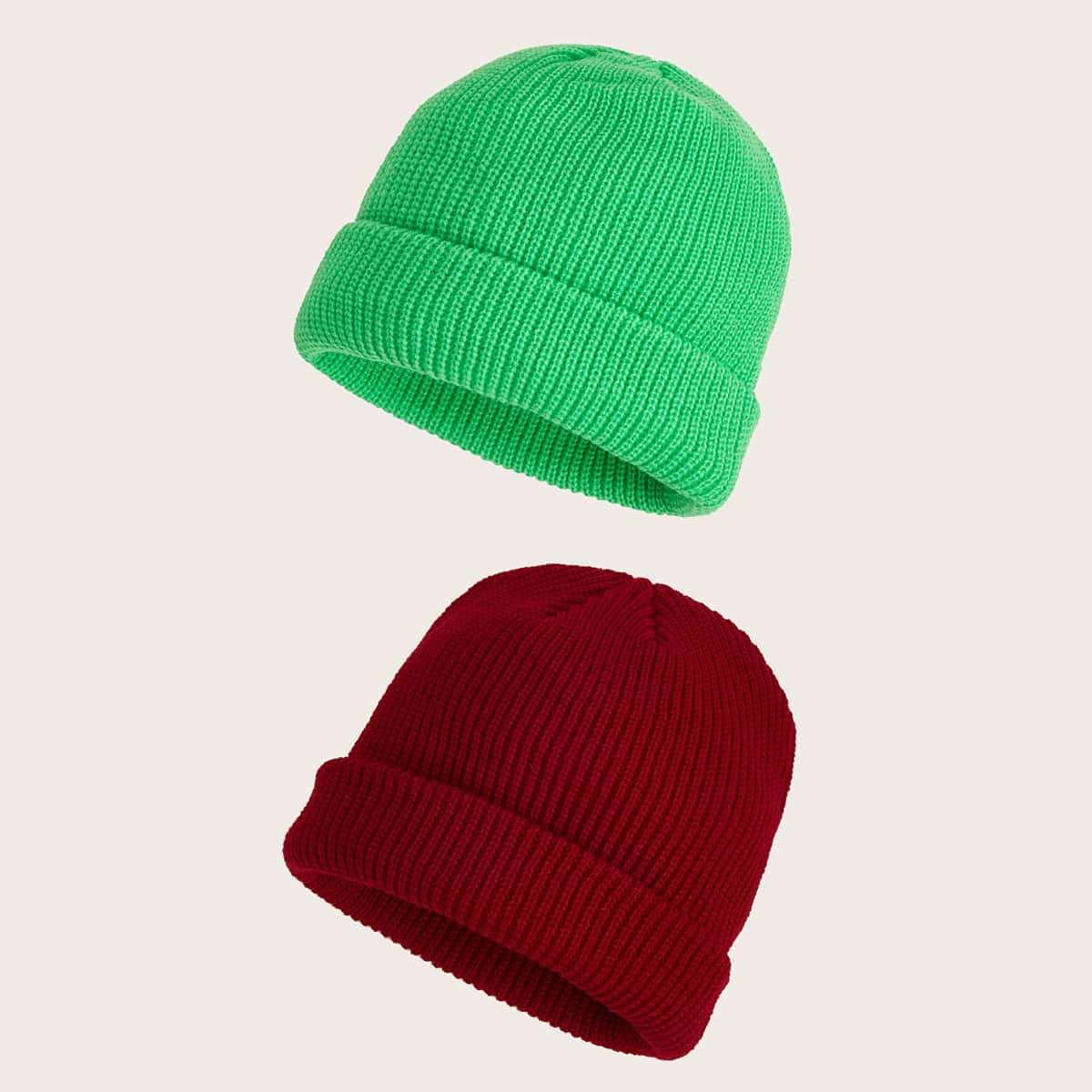 

2pcs Solid Cuffed Knit Beanie, Multicolor