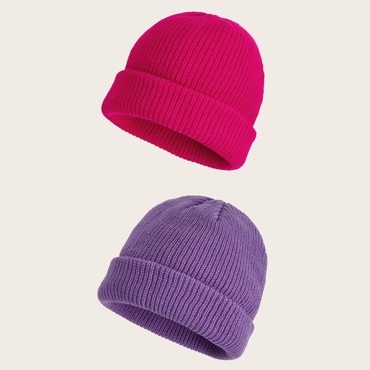 

2pcs Solid Cuffed Knit Beanie, Multicolor