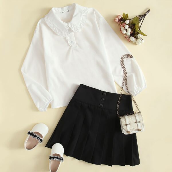 

Girls Frill Trim Half Button Placket Top & Pleated Skirt Set, Black and white