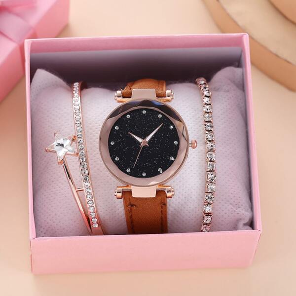 

1pc Rhinestone Decor Quartz Watch & 2pcs Bracelet