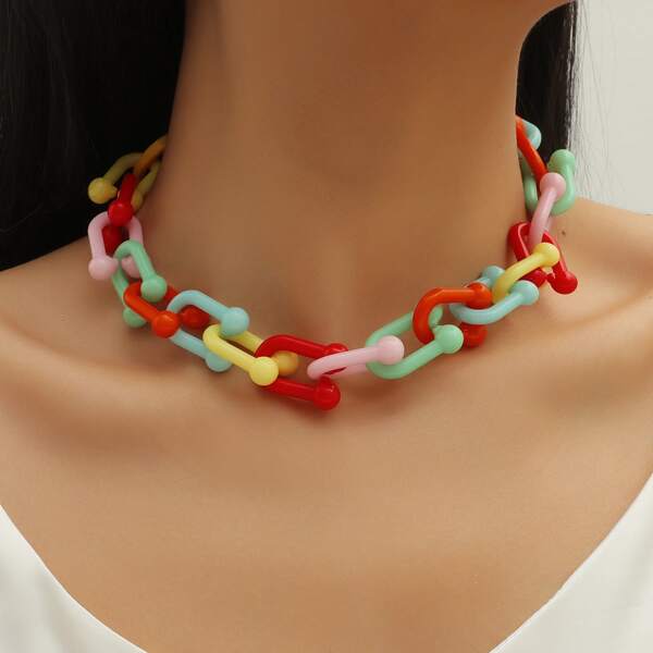 

Lobster Clasp Detail Acrylic Necklace, Multicolor