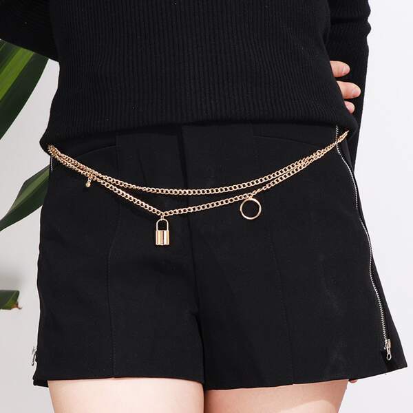 

Round & Lock Charm Waist Chain Belt, Gold