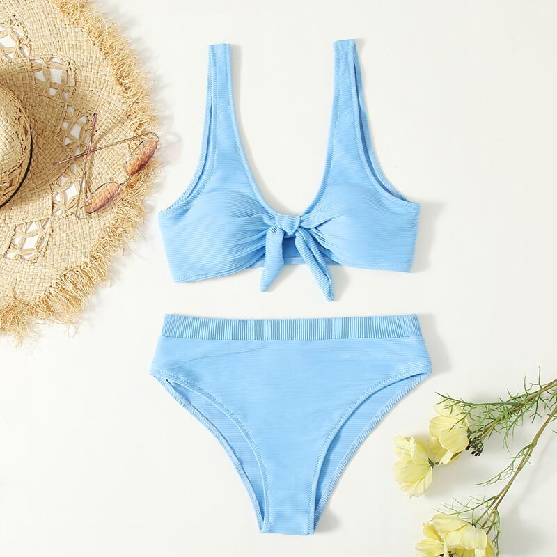 

Knot Front High Waist Bikini Swimsuit, Baby blue