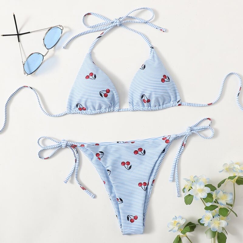 

Stripe & Cherry Print Tie Side Bikini Swimsuit, Baby blue