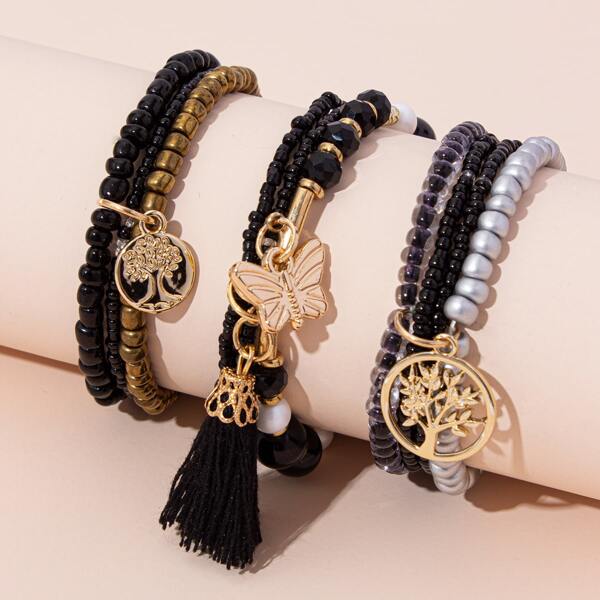 

3pcs Tassel Charm Beaded Bracelet, Multicolor