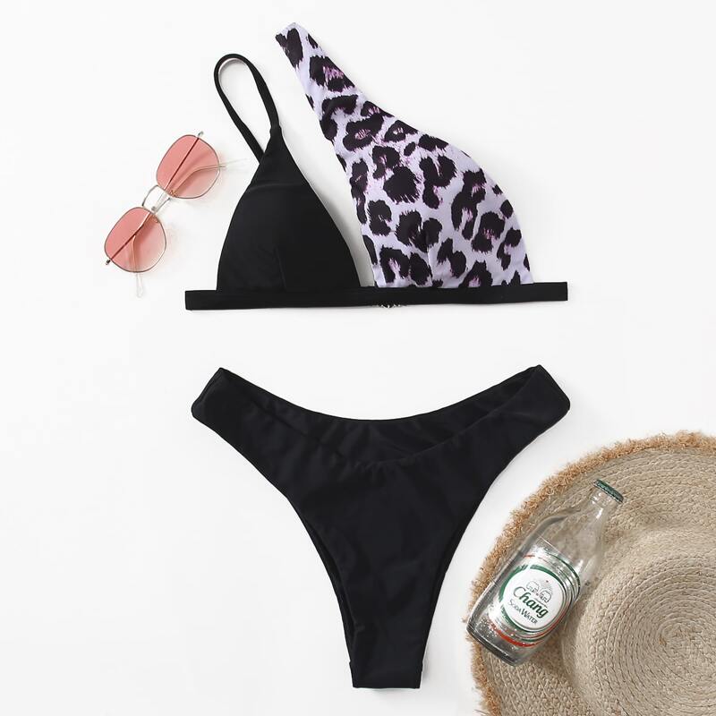 

Leopard Colorblock One Shoulder Bikini Swimsuit, Multicolor
