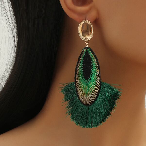 

Fan Shaped Fringe Earrings, Green