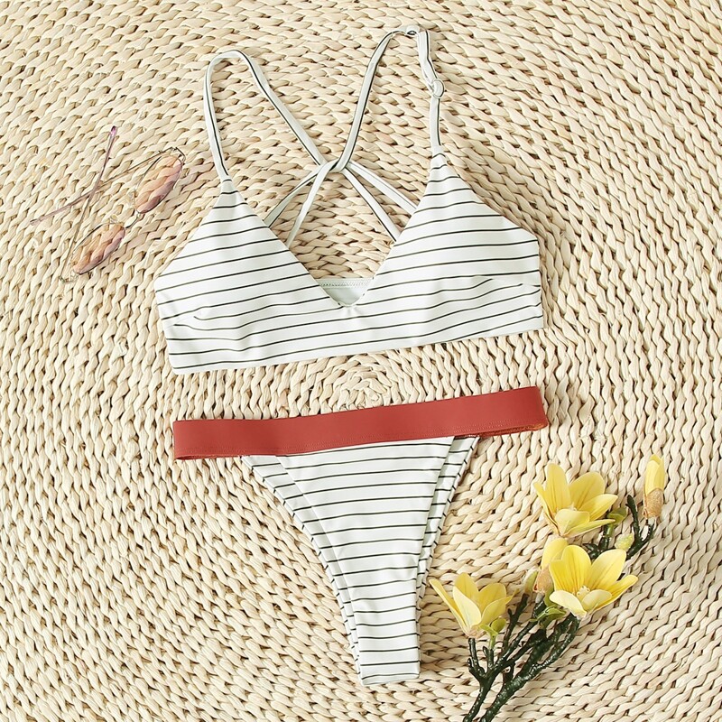 

Stripe Crisscross Back Tanga Bikini Swimsuit, White