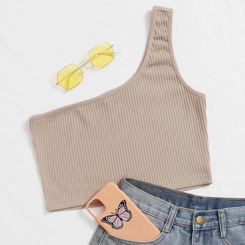 

One Shoulder Rib Crop Top, Khaki