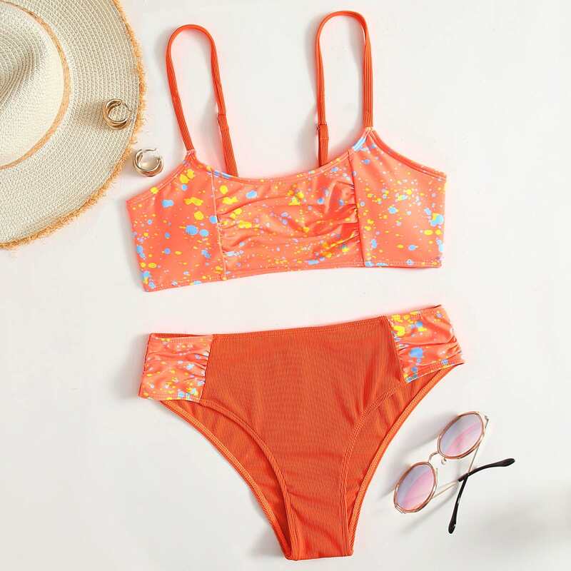 

Paint Splash Pattern Cami Bikini Swimsuit, Orange