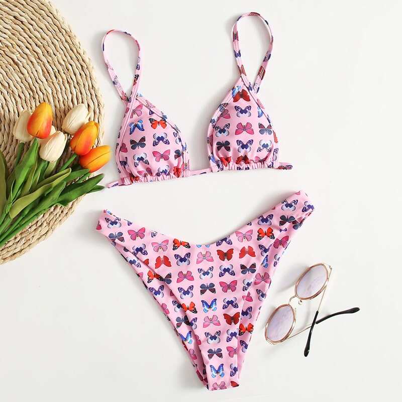 

Allover Butterfly High Leg Bikini Swimsuit, Multicolor