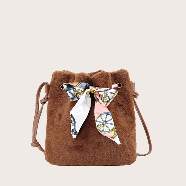 

Girls Twilly Scarf Decor Fluffy Crossbody Bag, Brown