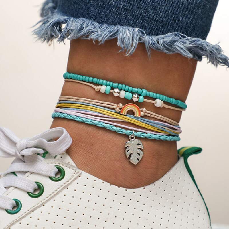 

5pcs Rainbow & Palm Rope Anklet, Multicolor