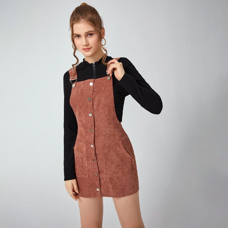 

Corduroy Button Front Pinafore Dress, Brown