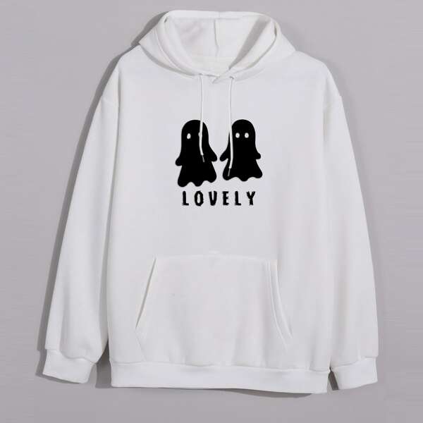 

Cartoon And Letter Graphic Thermal Lined Hoodie, White