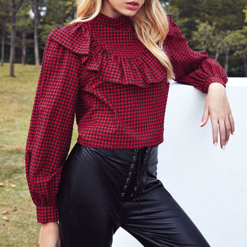 

Mock-Neck Ruffle Trim Gingham Top, Multicolor