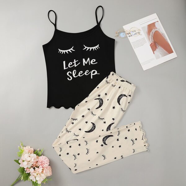 

Slogan Graphic Cami Top With Galaxy Pants Pajama Set, Black and white