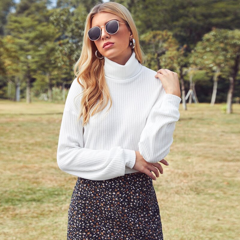 

Funnel Neck Rib-knit Top, White