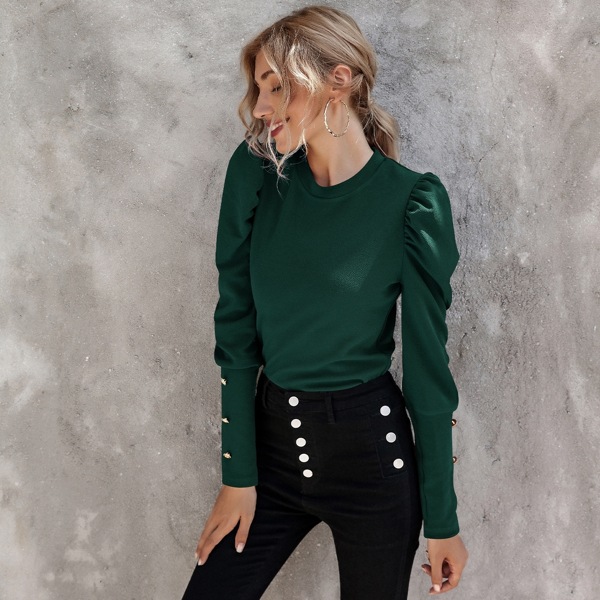 

Button Side Gigot Sleeve Top, Dark green