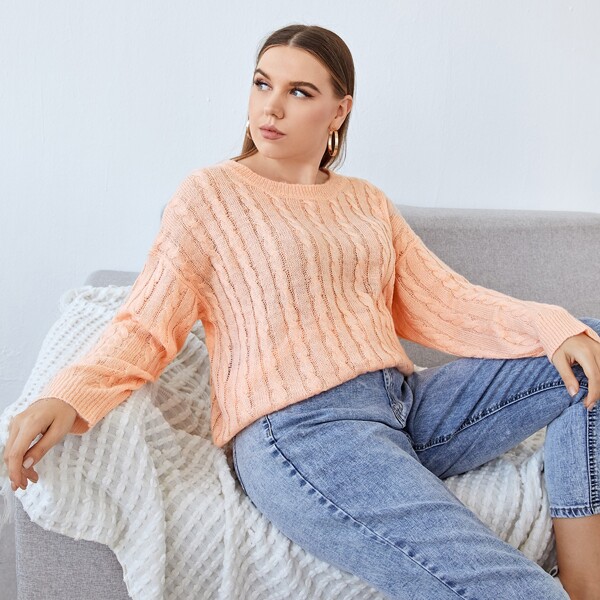 

Plus Cable Knit Drop Shoulder Solid Sweater, Pink