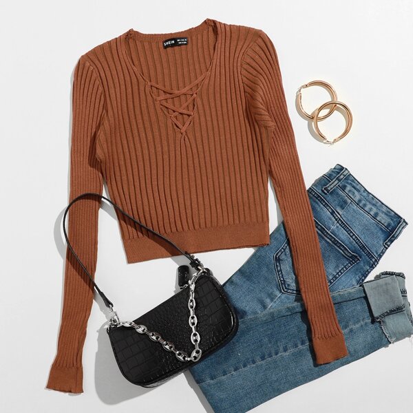 

Criss Cross Front Rib-knit Sweater, Rust brown