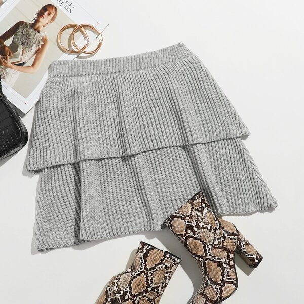 

Layered Hem Knit Skirt, Grey