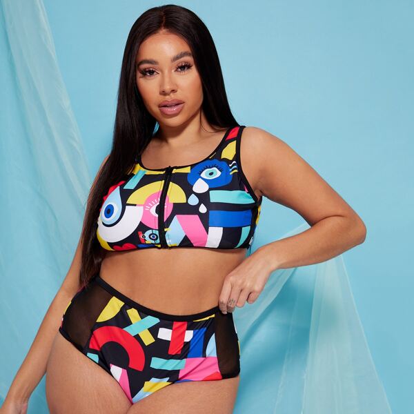 

Plus Geo & Eye Print Zip-up Bikini Swimsuit, Multicolor