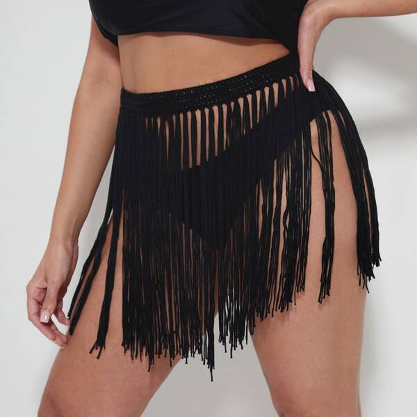 

Plus Fringe Hem Cover Up Skirt, Black