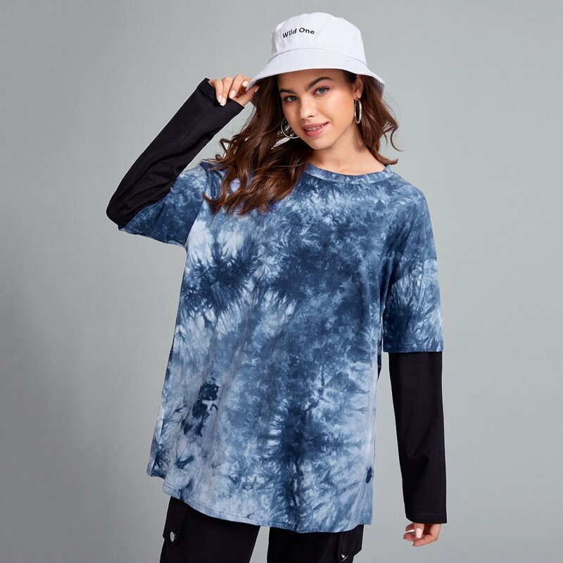 

2 In 1 Tie Dye Oversized Tee, Dusty blue
