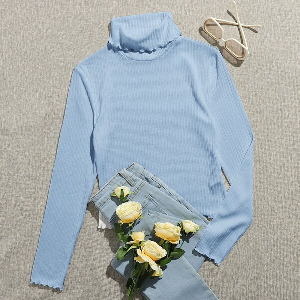 

Funnel Neck Lettuce Trim Rib-knit Top, Baby blue
