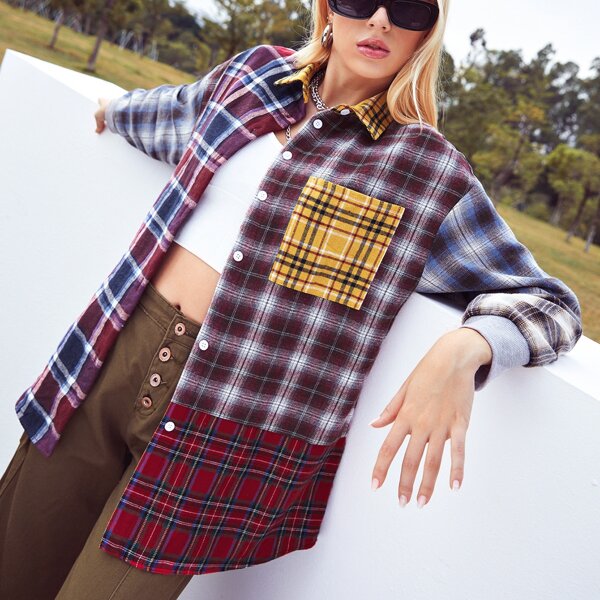 

Collared Pocket Front Colorblock Plaid Blouse, Multicolor