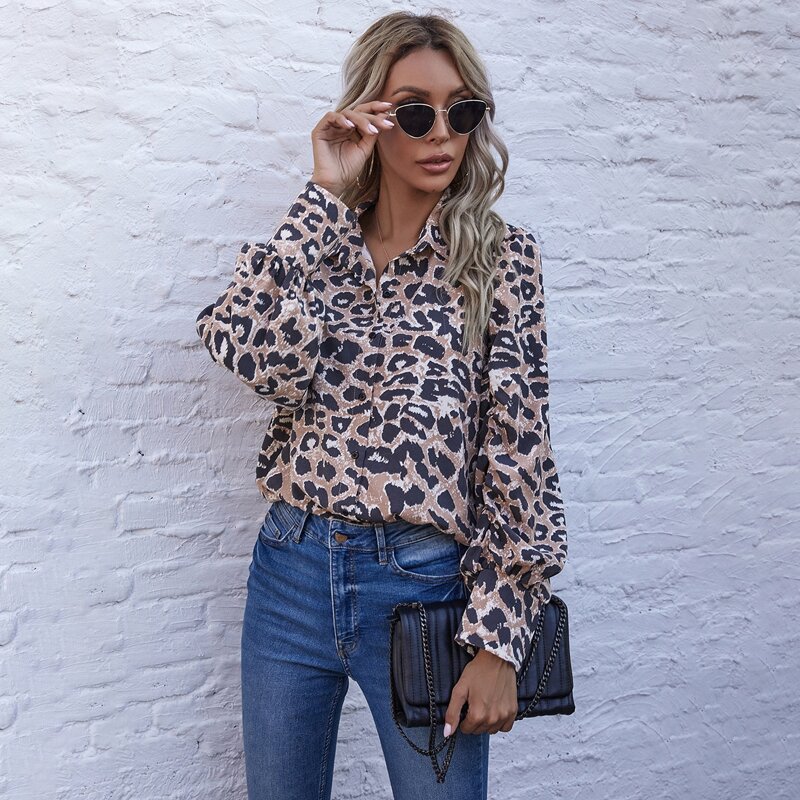 

Leopard Puff Sleeve Button Front Blouse, Multicolor