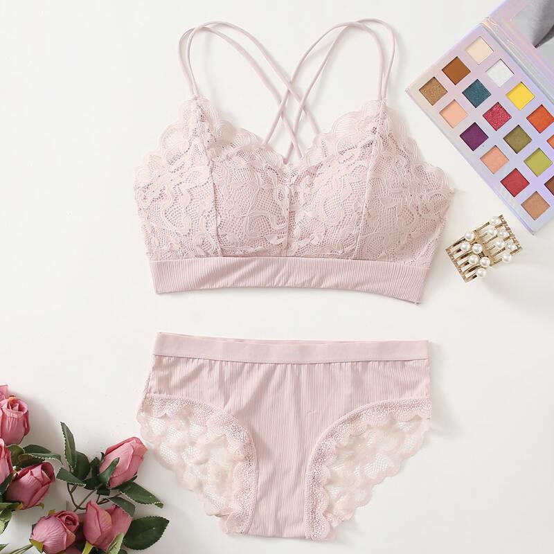 

Solid Lace Lingerie Set, Baby pink