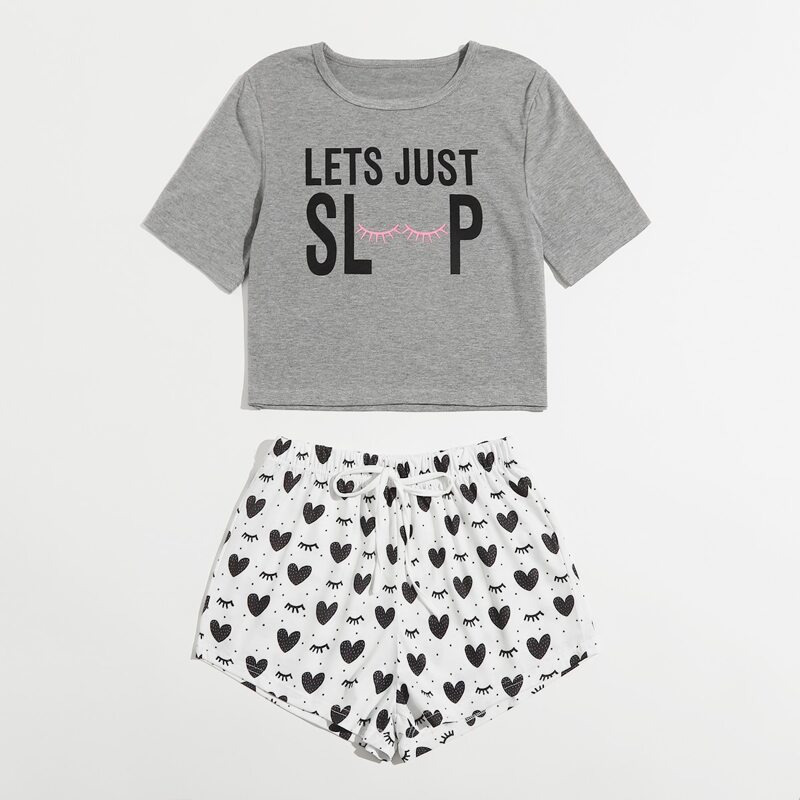 

Slogan & Heart Print Shorts PJ Set, Multicolor