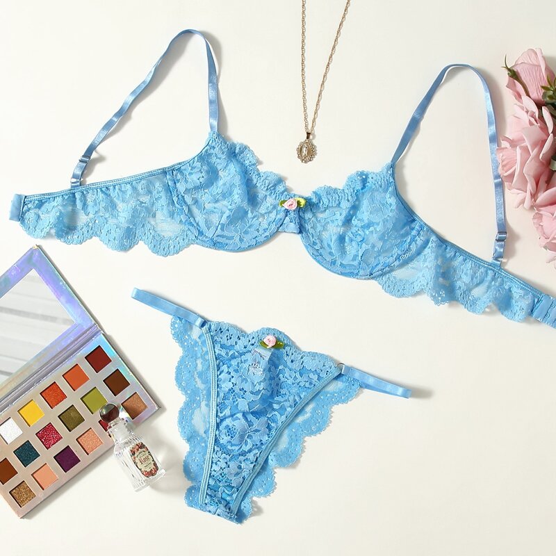 

Scallop Floral Lace Underwire Lingerie Set, Blue