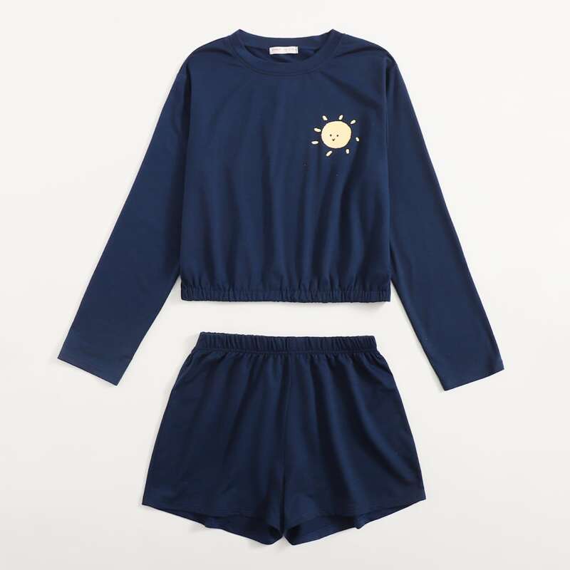 

Cartoon Graphic Elastic Hem PJ Set, Navy blue