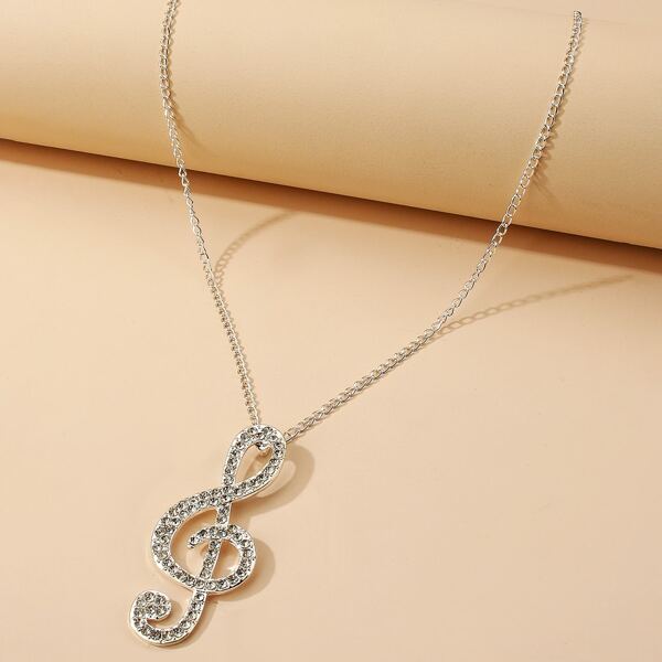 

Rhinestone Music Note Charm Necklace, Silver