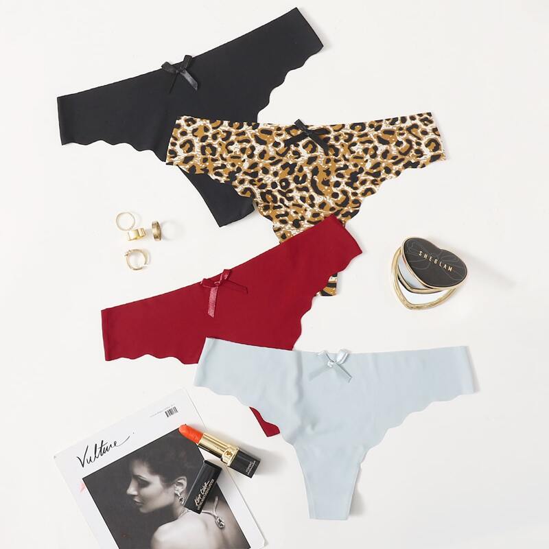

4pack Leopard Scallop Trim Seamless Panty Set, Multicolor