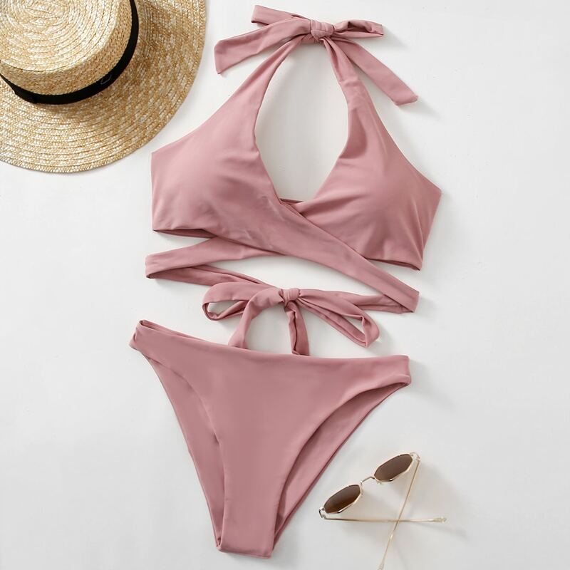 

Crisscross Wrap Halter Bikini Swimsuit, Dusty pink