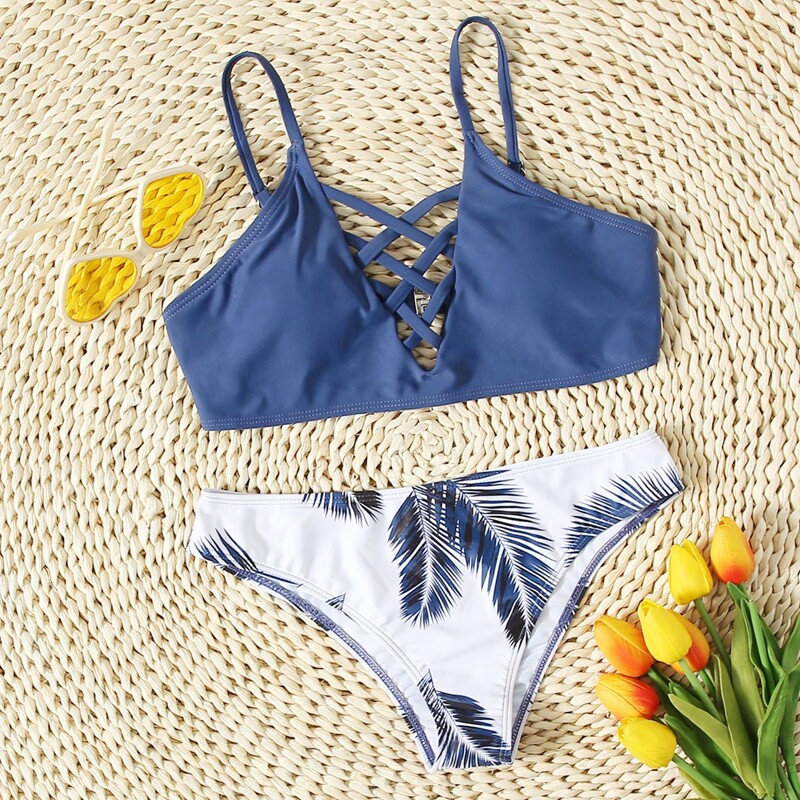

Tropical Leaf Crisscross Detail Bikini Swimsuit, Blue and white